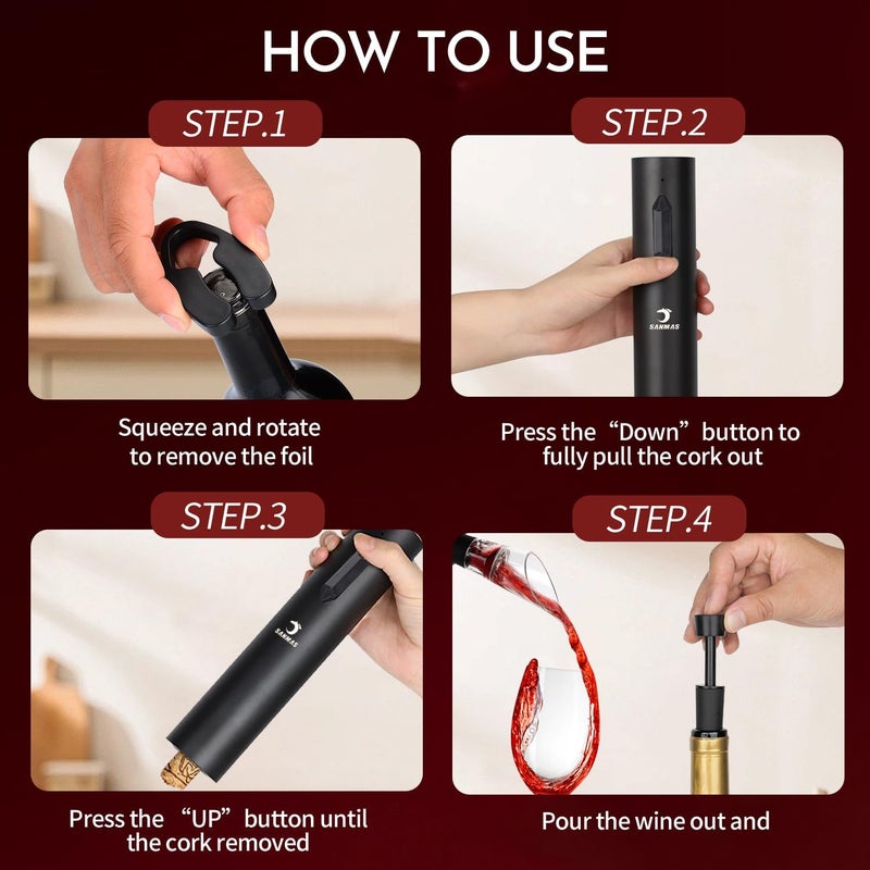 SUNMAS Rechargeable Electric Wine Opener Set, 5-in-1 Automatic Corkscrew with Foil Cutter & Wine Aerator Pourer, 2 Vacuum Stoppers, Type-C Cable & Stand | Complete Wine Accessories Kit Gift Box - Image 5